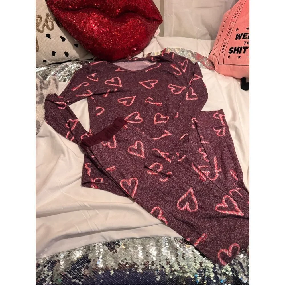 Victorias secret VS sleep Thermal Pajama PJ Set small/XS EUC candy cane heart